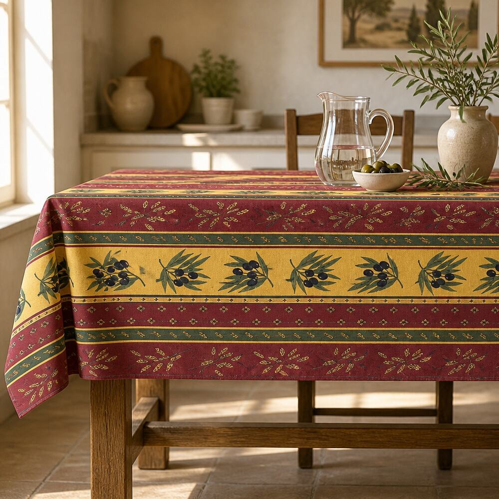 Vintage Provence Acrylic Coated 100% Coton Tablecloth Olive & Floral Print 58x42